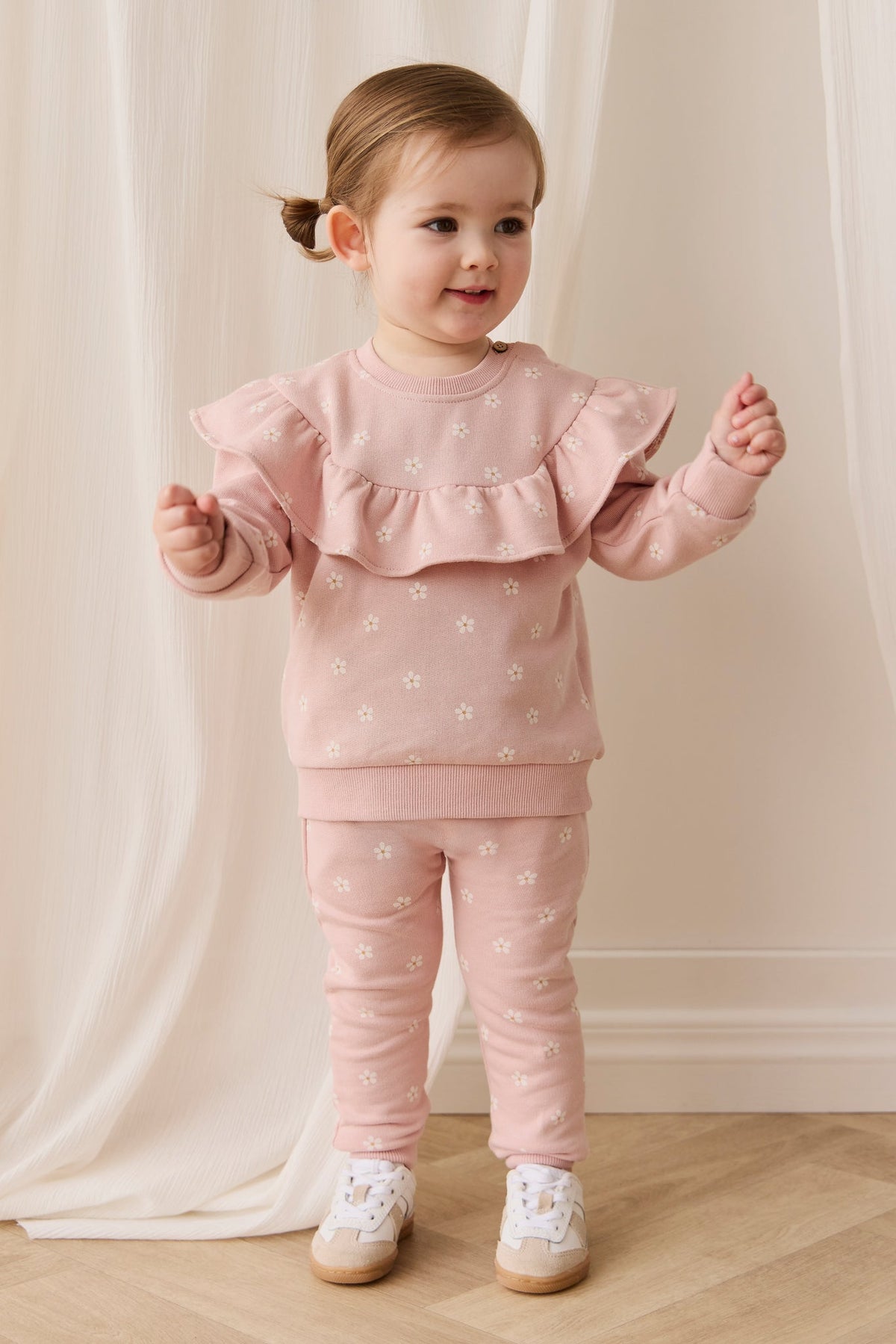 Sweatshirt en molleton de coton stretch imprimé floral rose et blanc avec col à volants et encolure boutonnée pour filles, tenue décontractée de tous les jours
