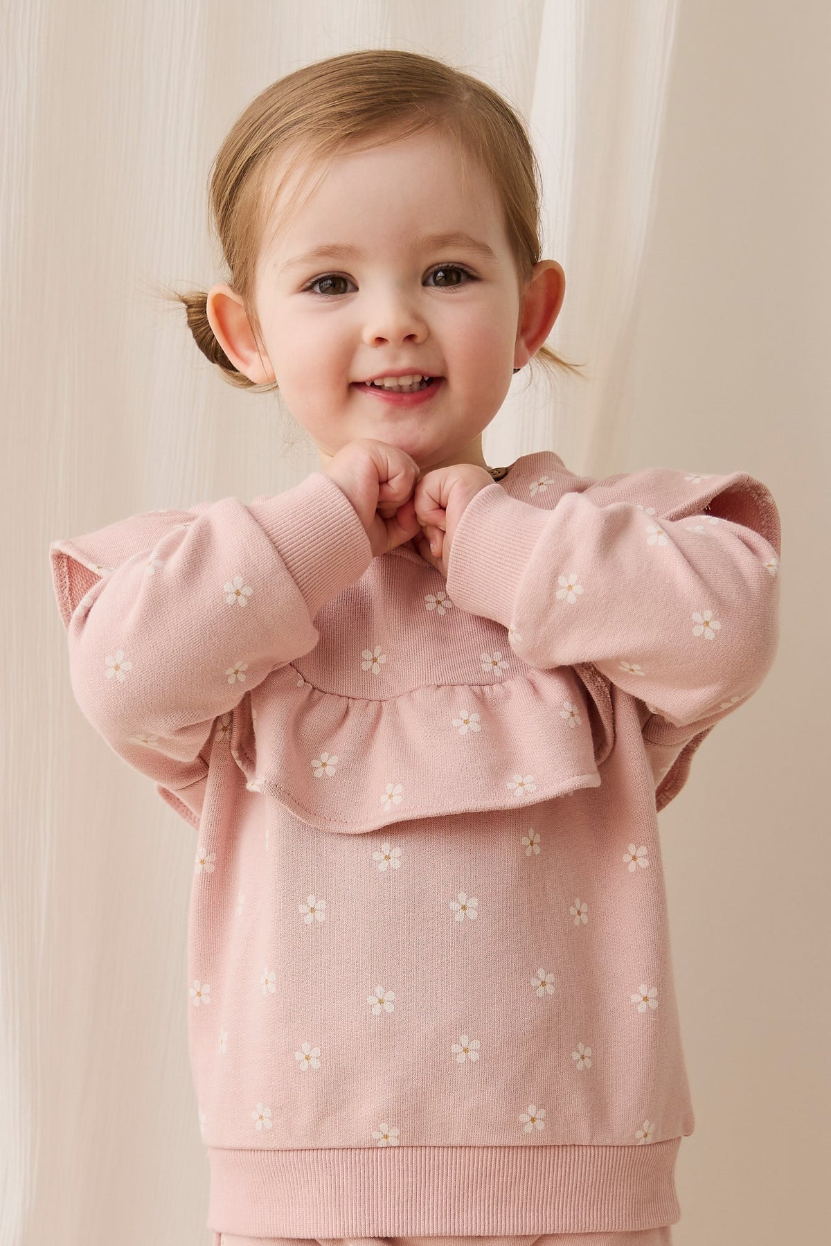 Sweatshirt en molleton de coton stretch imprimé floral rose et blanc avec col à volants et encolure boutonnée pour filles, tenue décontractée de tous les jours