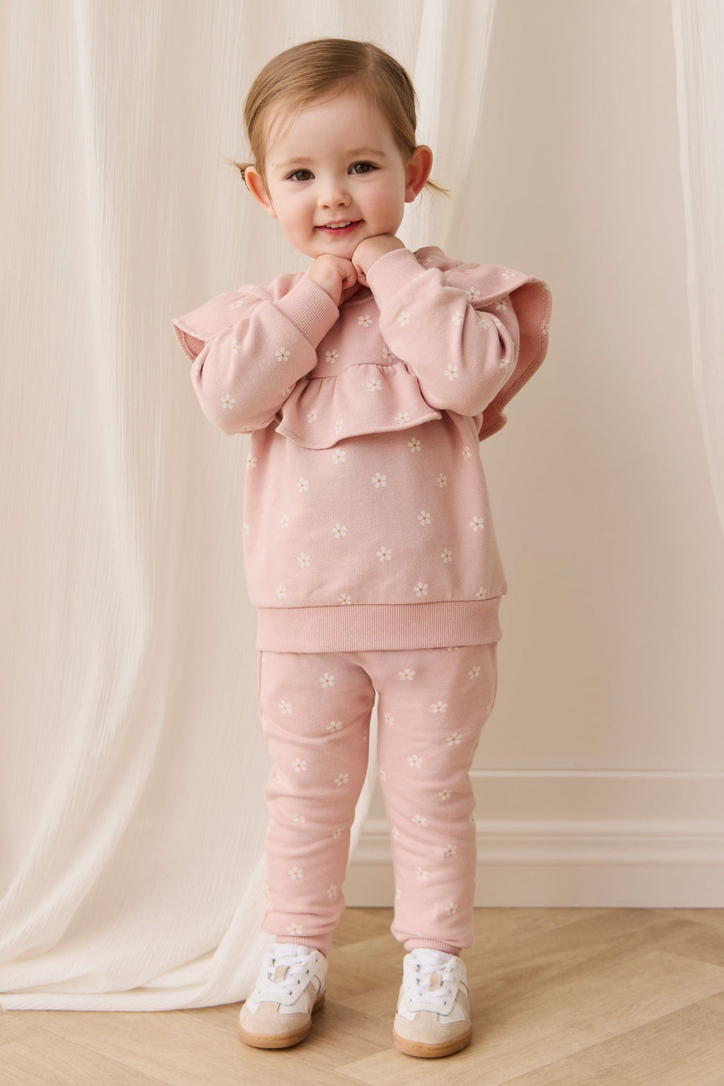 Sweatshirt en molleton de coton stretch imprimé floral rose et blanc avec col à volants et encolure boutonnée pour filles, tenue décontractée de tous les jours