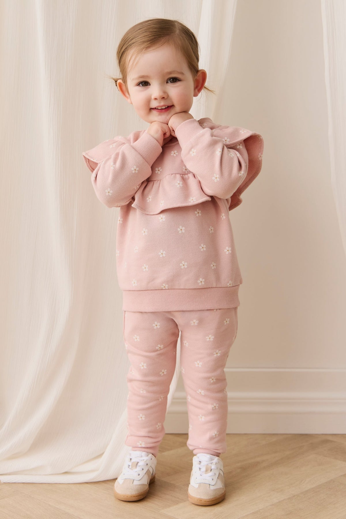 Sweatshirt en molleton de coton stretch imprimé floral rose et blanc avec col à volants et encolure boutonnée pour filles, tenue décontractée de tous les jours