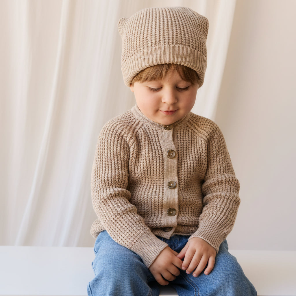 Bonnet en tricot de coton chiné sable classique avec bord plié et pompon pour enfant - Accessoire pour temps frais