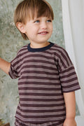 T-shirt Enfant Manches Courtes Coton Flammé Rayures Royales Marron Crème Décontracté avec Encolure Indigo & Tissu Léger Respirant pour Usage Quotidien