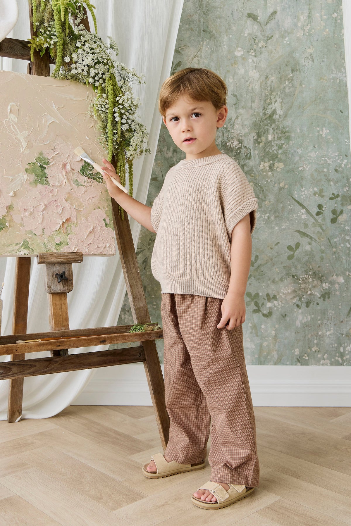 Pantalon large à carreaux de fenêtre en coton biologique décontracté avec taille élastique et lien à la taille pour tenues décontractées pour enfants