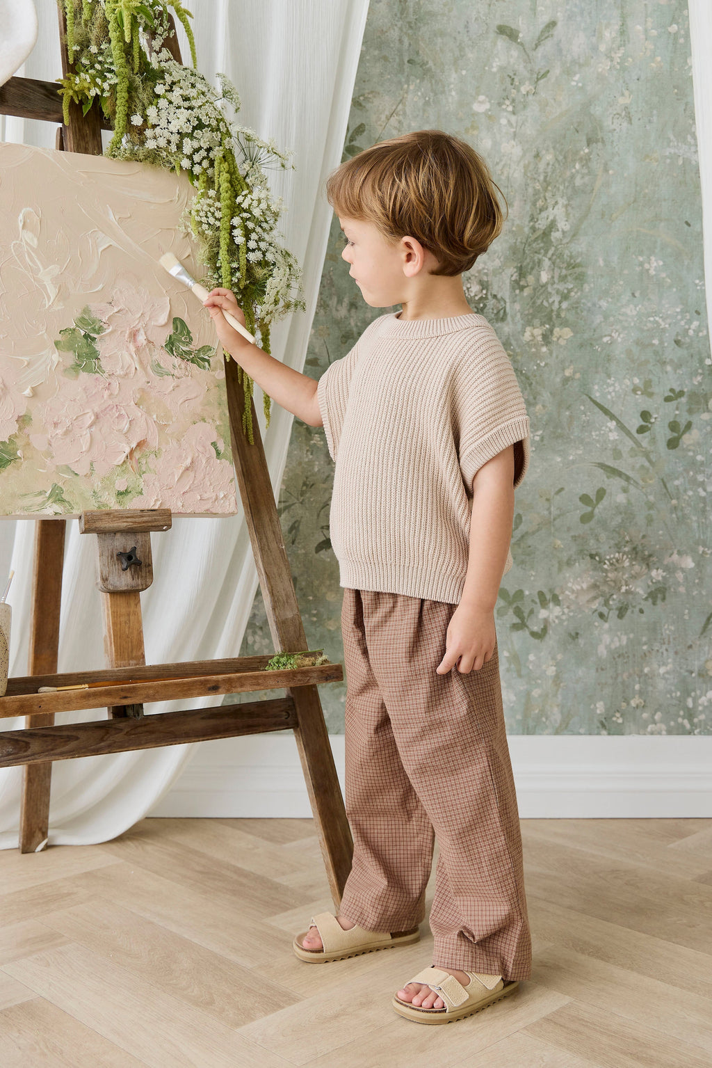 Pantalon large à carreaux de fenêtre en coton biologique décontracté avec taille élastique et lien à la taille pour tenues décontractées pour enfants