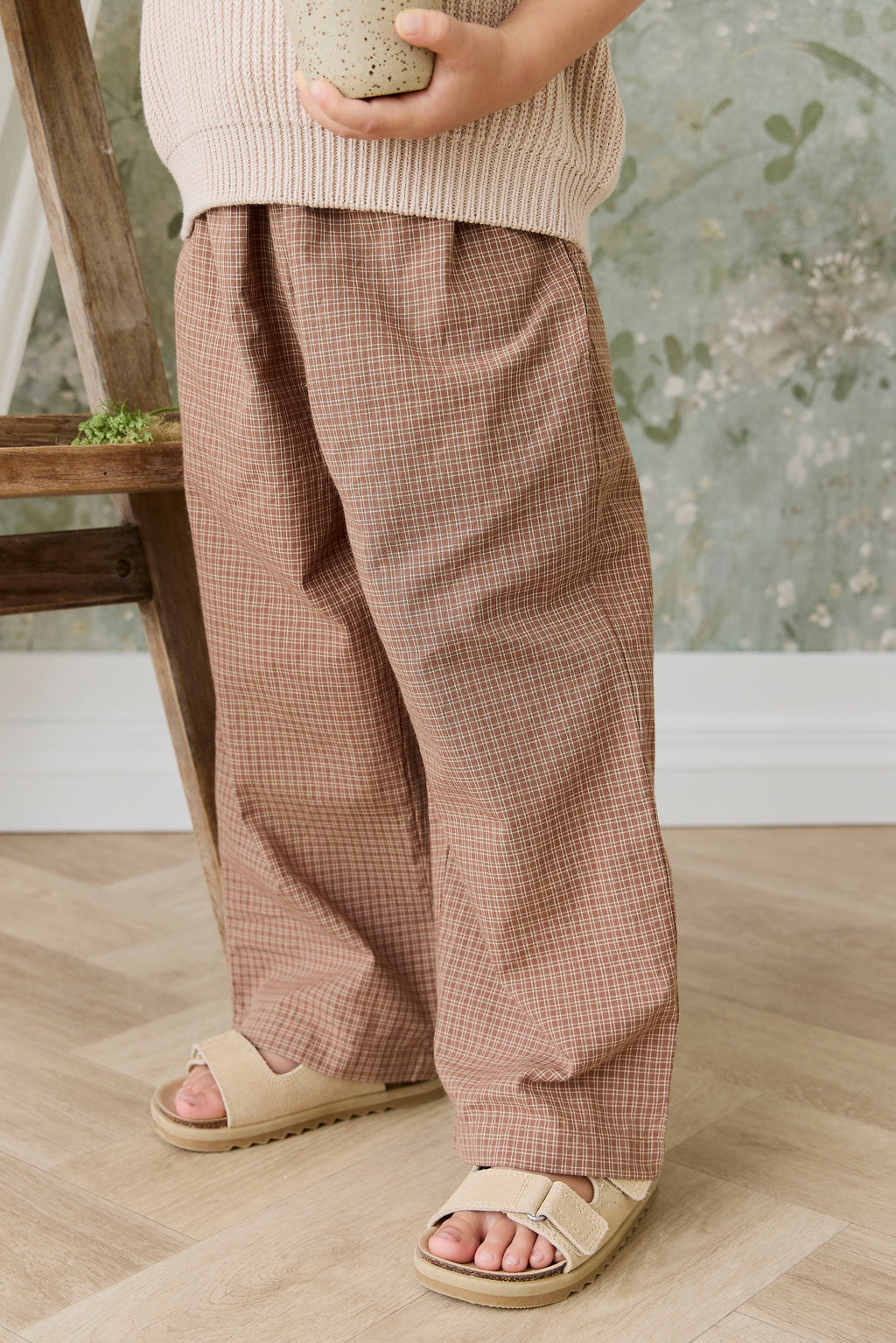Pantalon large à carreaux de fenêtre en coton biologique décontracté avec taille élastique et lien à la taille pour tenues décontractées pour enfants