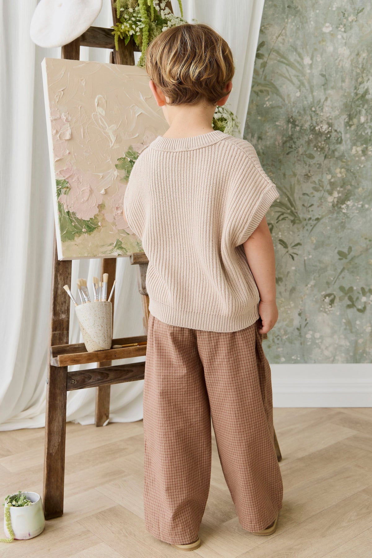 Pantalon large à carreaux de fenêtre en coton biologique décontracté avec taille élastique et lien à la taille pour tenues décontractées pour enfants