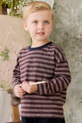 T-shirt décontracté en coton flammé à manches longues pour enfant, motif rayures multiples, finition texturée, encolure indigo, idéal pour le quotidien