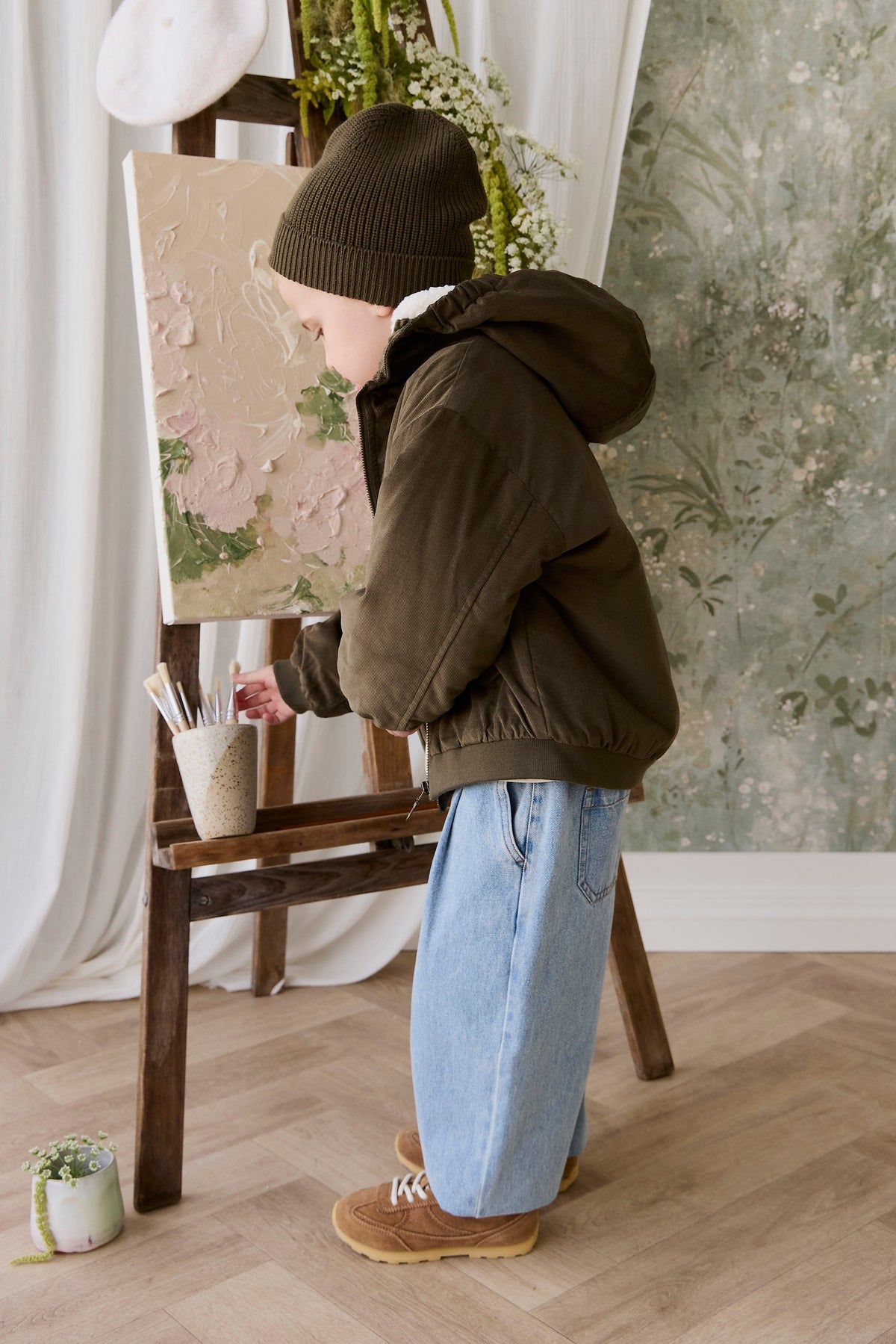 Veste à Capuche Enfant en Coton Uni Kaki Profond Aspect Velours Côtelé avec Doublure Peluche, Poignets Côtelés et Poches à Rabat pour Temps Froid