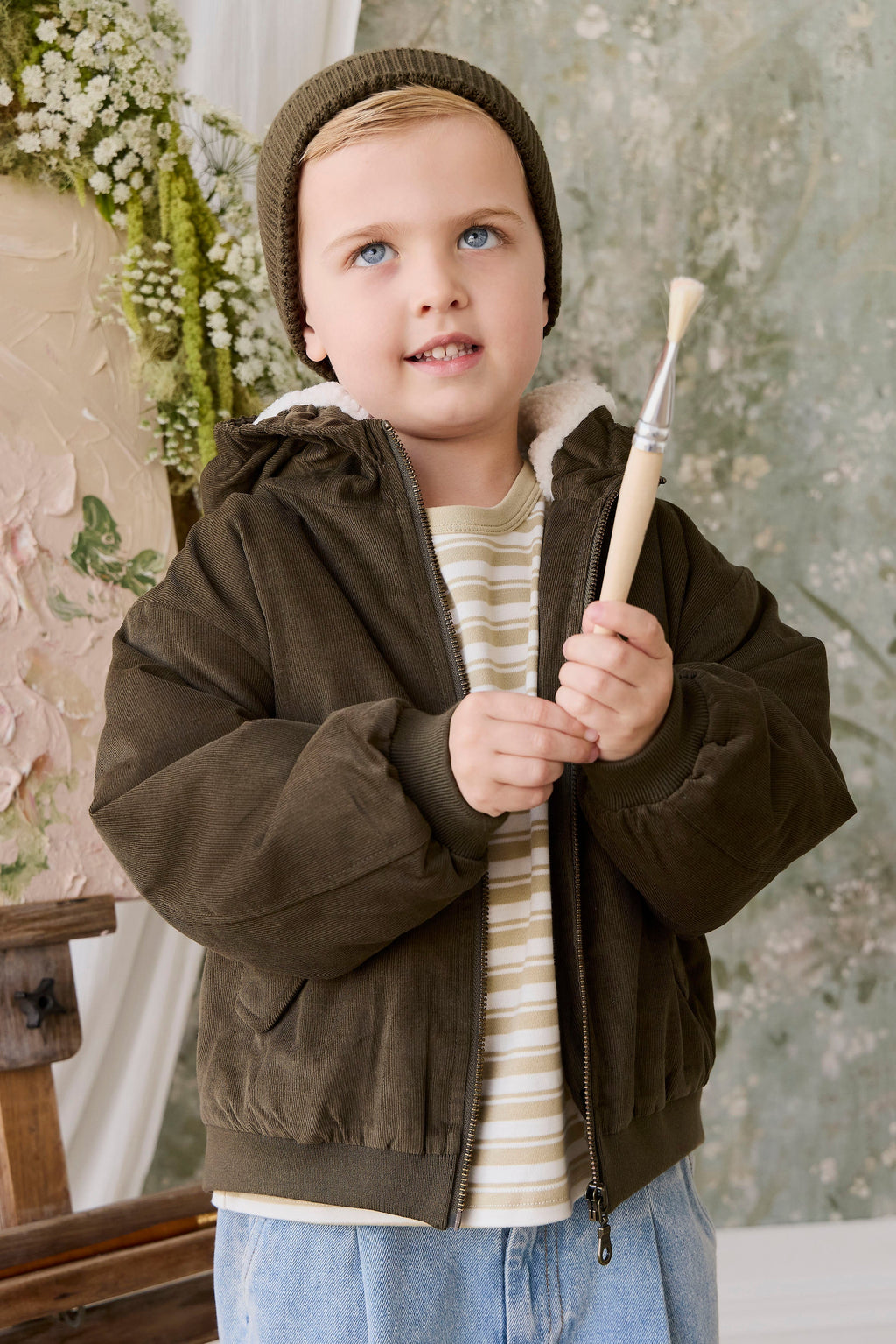 Veste à Capuche Enfant en Coton Uni Kaki Profond Aspect Velours Côtelé avec Doublure Peluche, Poignets Côtelés et Poches à Rabat pour Temps Froid