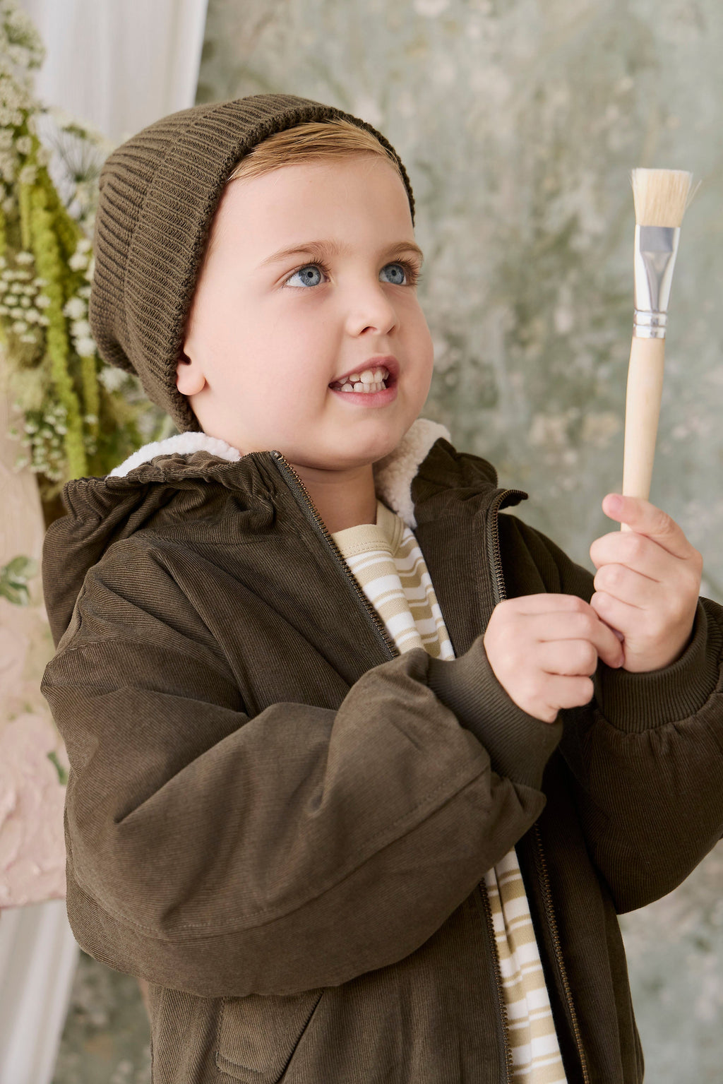 Veste à Capuche Enfant en Coton Uni Kaki Profond Aspect Velours Côtelé avec Doublure Peluche, Poignets Côtelés et Poches à Rabat pour Temps Froid