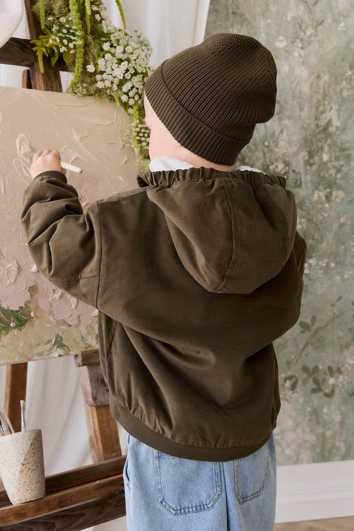 Veste à Capuche Enfant en Coton Uni Kaki Profond Aspect Velours Côtelé avec Doublure Peluche, Poignets Côtelés et Poches à Rabat pour Temps Froid