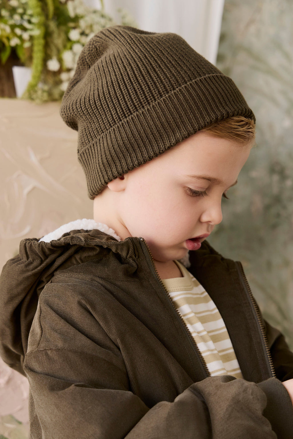 Veste à Capuche Enfant en Coton Uni Kaki Profond Aspect Velours Côtelé avec Doublure Peluche, Poignets Côtelés et Poches à Rabat pour Temps Froid