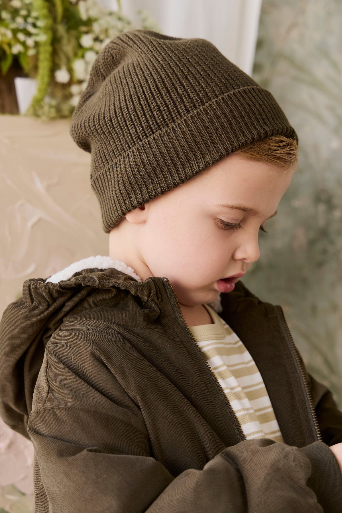 Veste à Capuche Enfant en Coton Uni Kaki Profond Aspect Velours Côtelé avec Doublure Peluche, Poignets Côtelés et Poches à Rabat pour Temps Froid