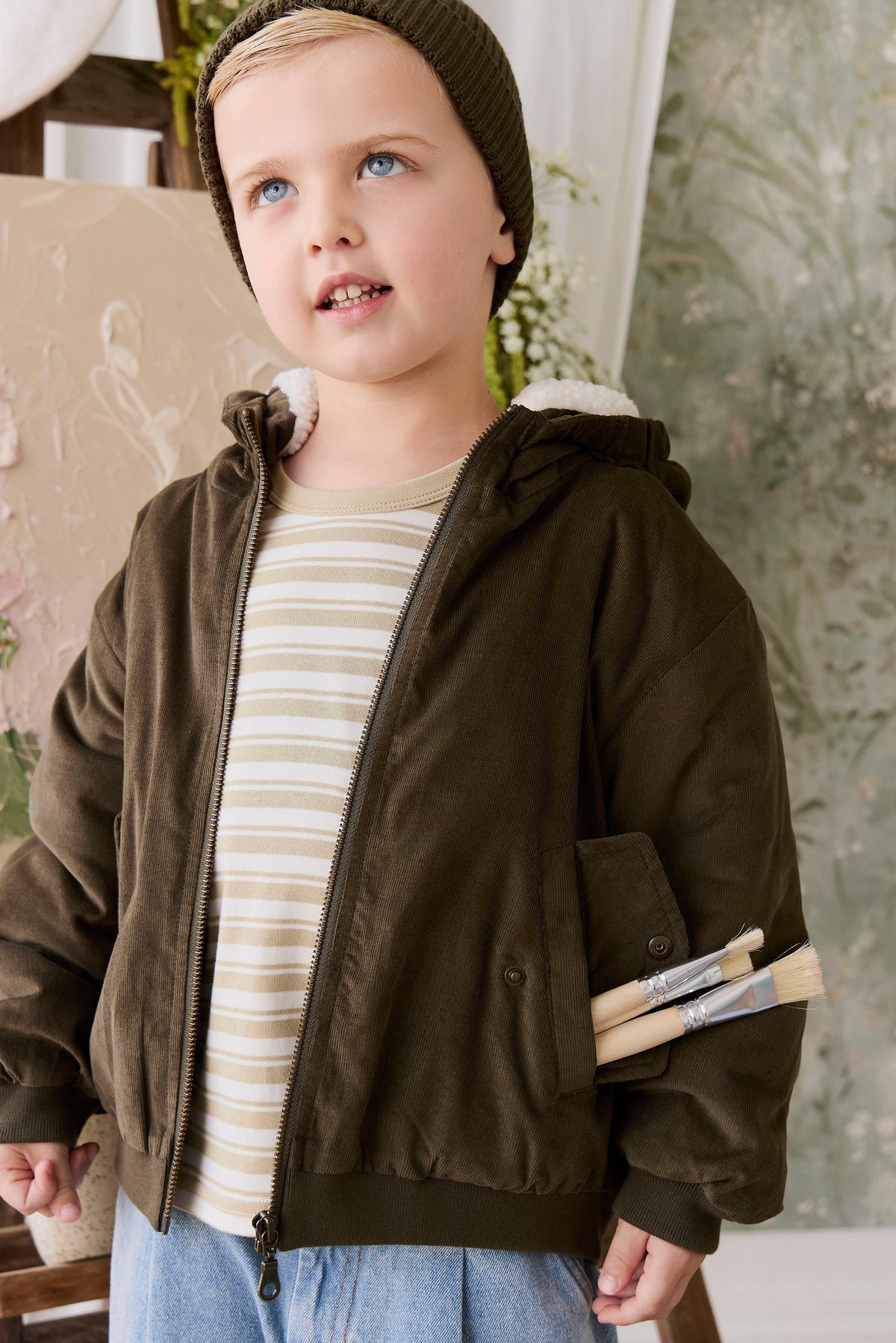 Veste à Capuche Enfant en Coton Uni Kaki Profond Aspect Velours Côtelé avec Doublure Peluche, Poignets Côtelés et Poches à Rabat pour Temps Froid