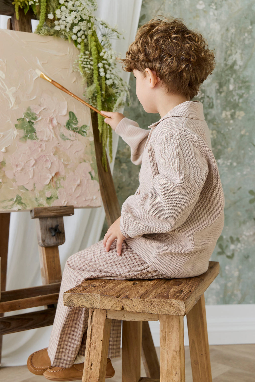 Pantalon large en coton biologique à carreaux marron cacao décontracté avec taille élastiquée et cordon décoratif à la taille pour le quotidien des enfants