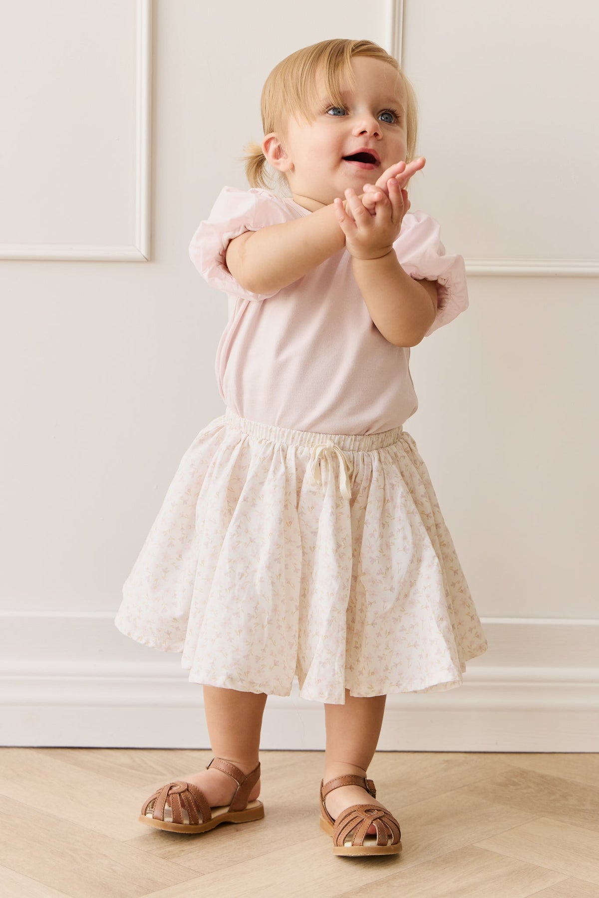 Jupe plissée en coton biologique imprimé floral mauve Bélier féminin, avec taille élastique et nœud décoratif pour filles, tenue décontractée chic