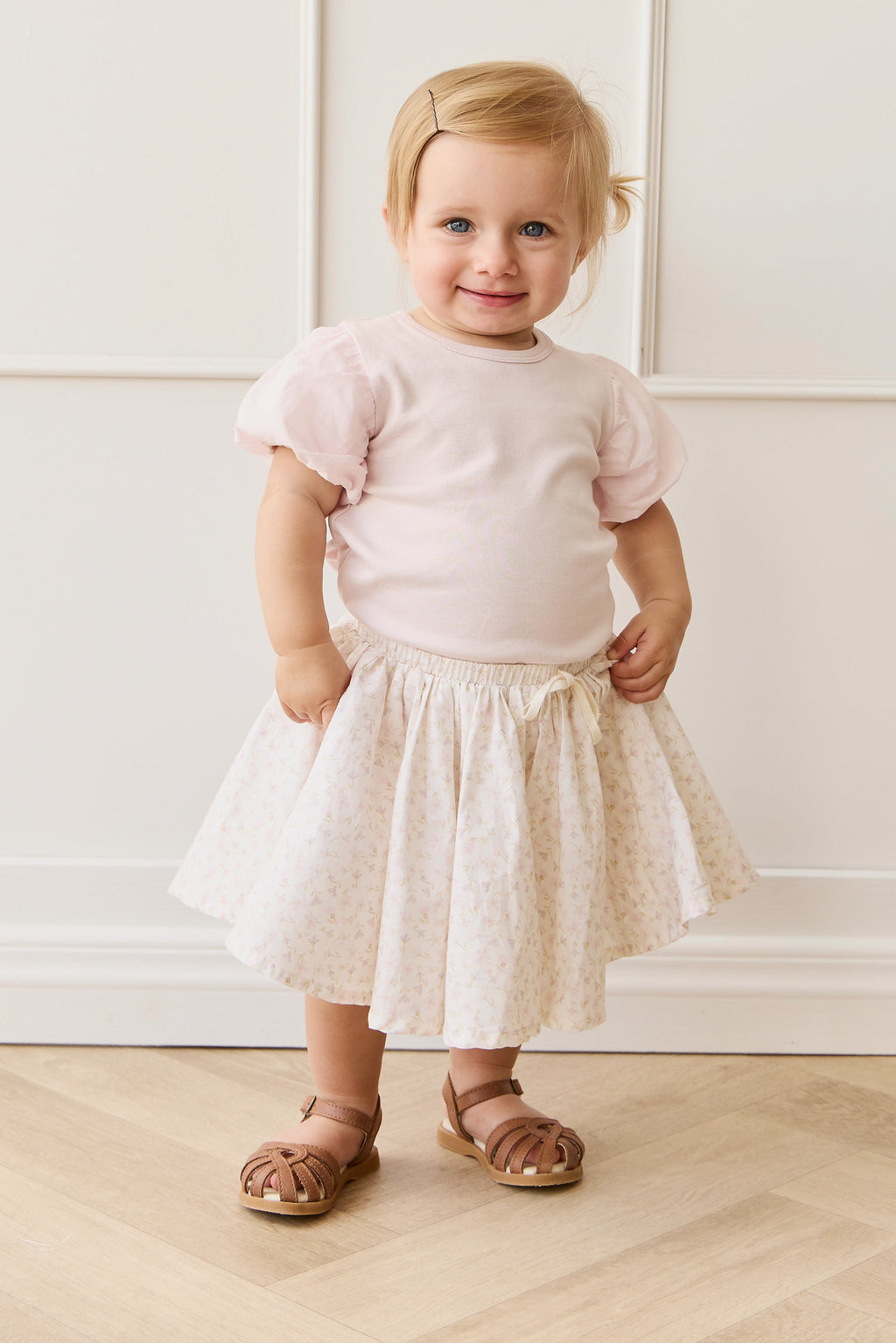 Jupe plissée en coton biologique imprimé floral mauve Bélier féminin, avec taille élastique et nœud décoratif pour filles, tenue décontractée chic