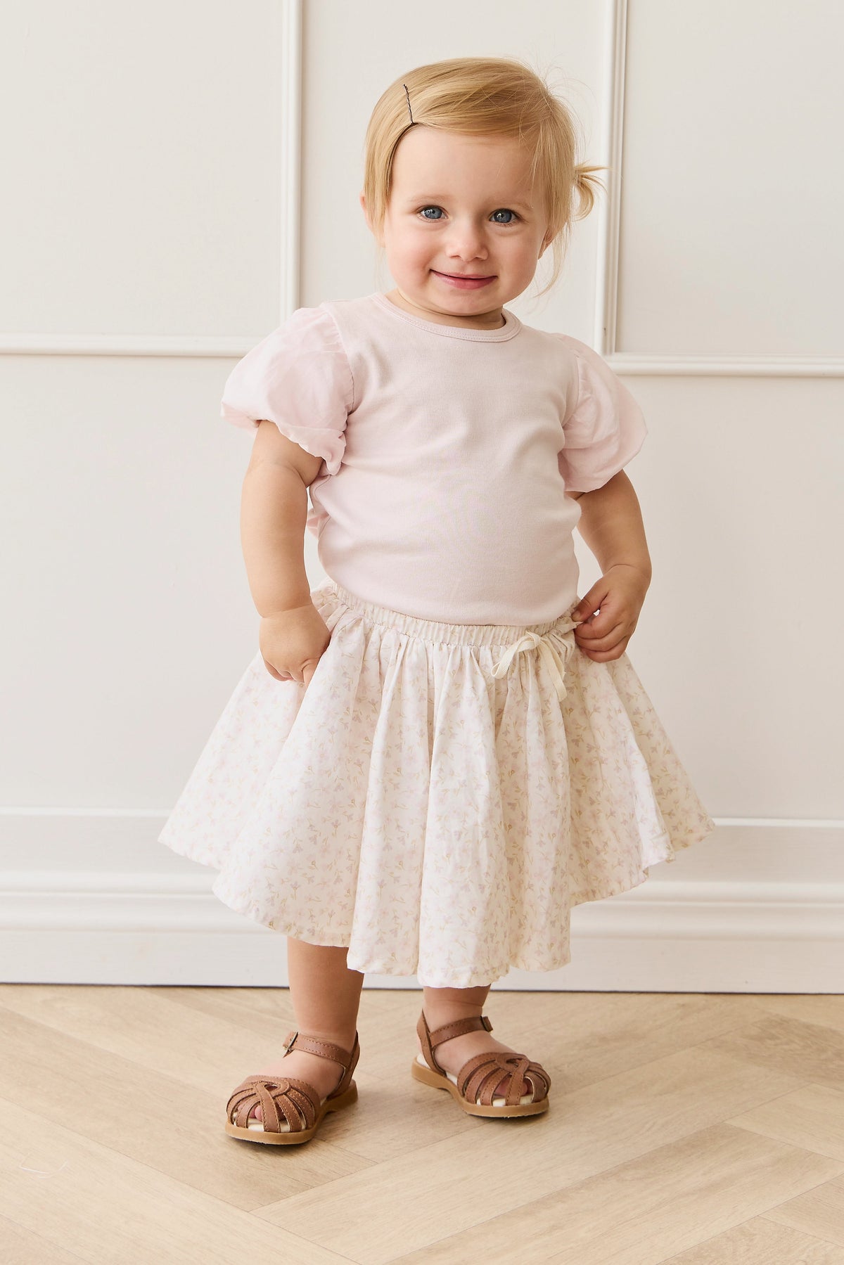 Jupe plissée en coton biologique imprimé floral mauve Bélier féminin, avec taille élastique et nœud décoratif pour filles, tenue décontractée chic