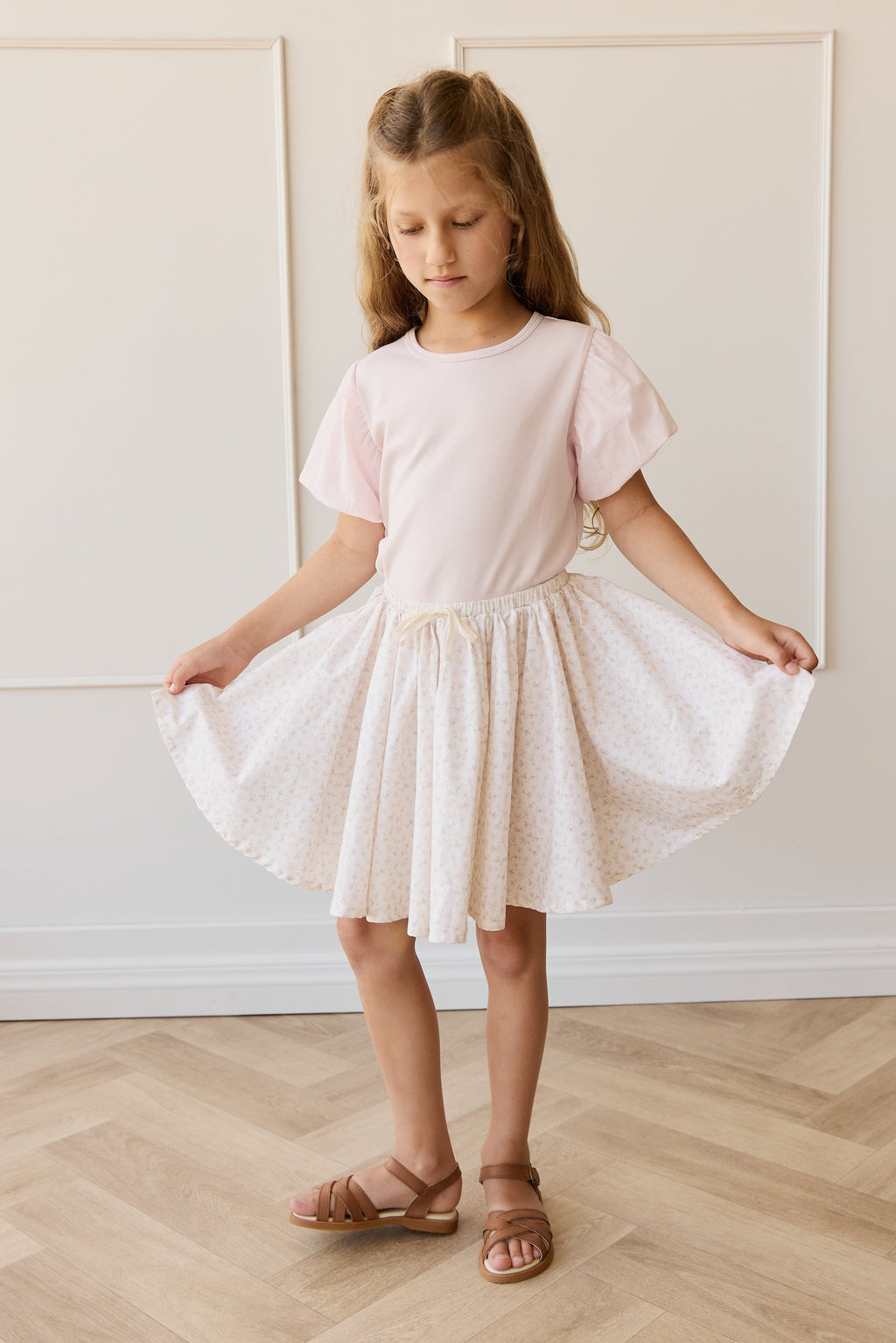 Jupe plissée en coton biologique imprimé floral mauve Bélier féminin, avec taille élastique et nœud décoratif pour filles, tenue décontractée chic