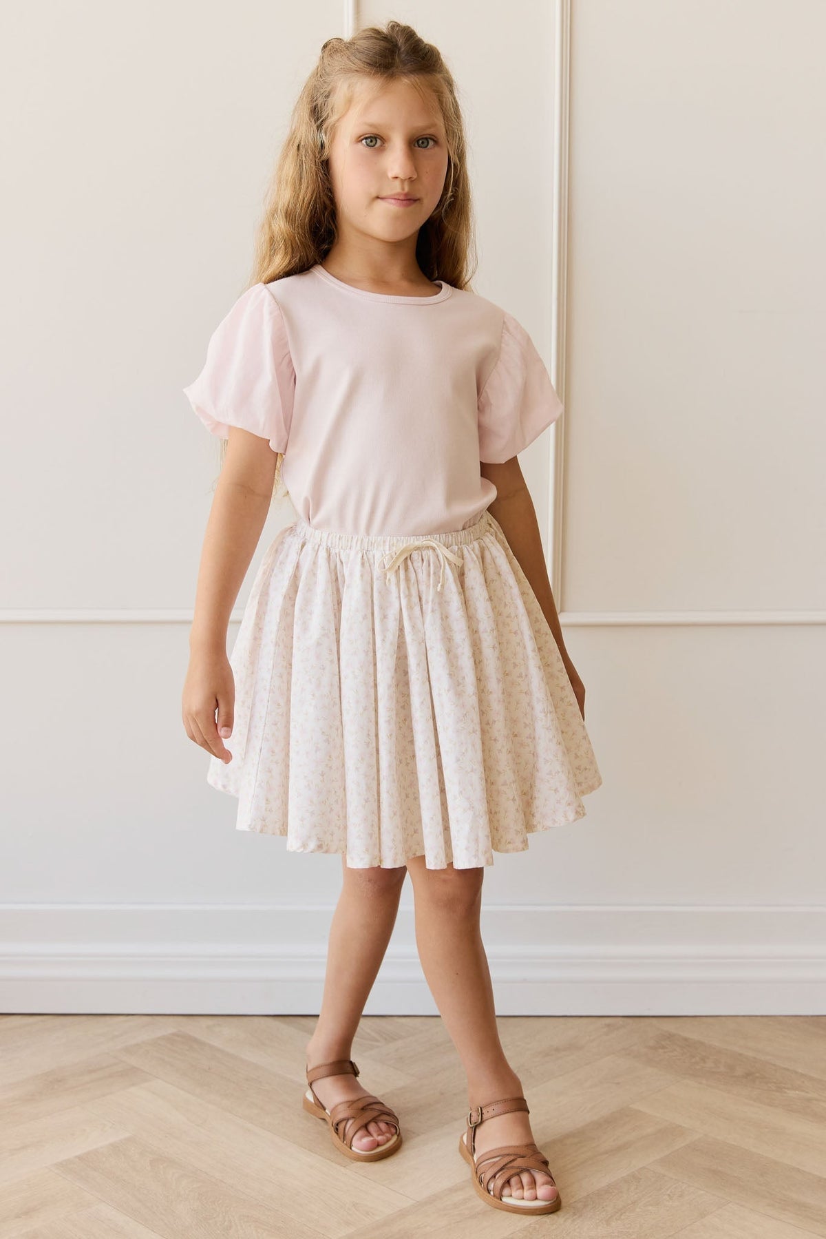 Jupe plissée en coton biologique imprimé floral mauve Bélier féminin, avec taille élastique et nœud décoratif pour filles, tenue décontractée chic