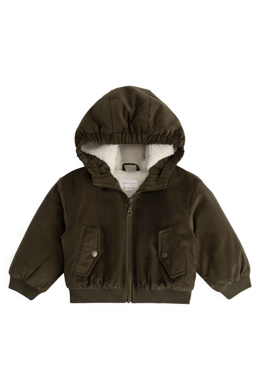 Veste à Capuche Enfant en Coton Uni Kaki Profond Aspect Velours Côtelé avec Doublure Peluche, Poignets Côtelés et Poches à Rabat pour Temps Froid
