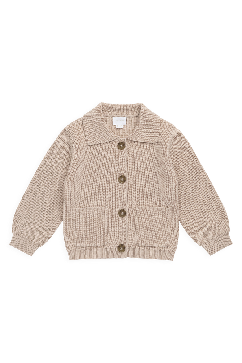 Veste en tricot de coton uni couleur sable classique avec boutonnage sur le devant, poches plaquées et poignets côtelés pour enfants (couche de superposition)