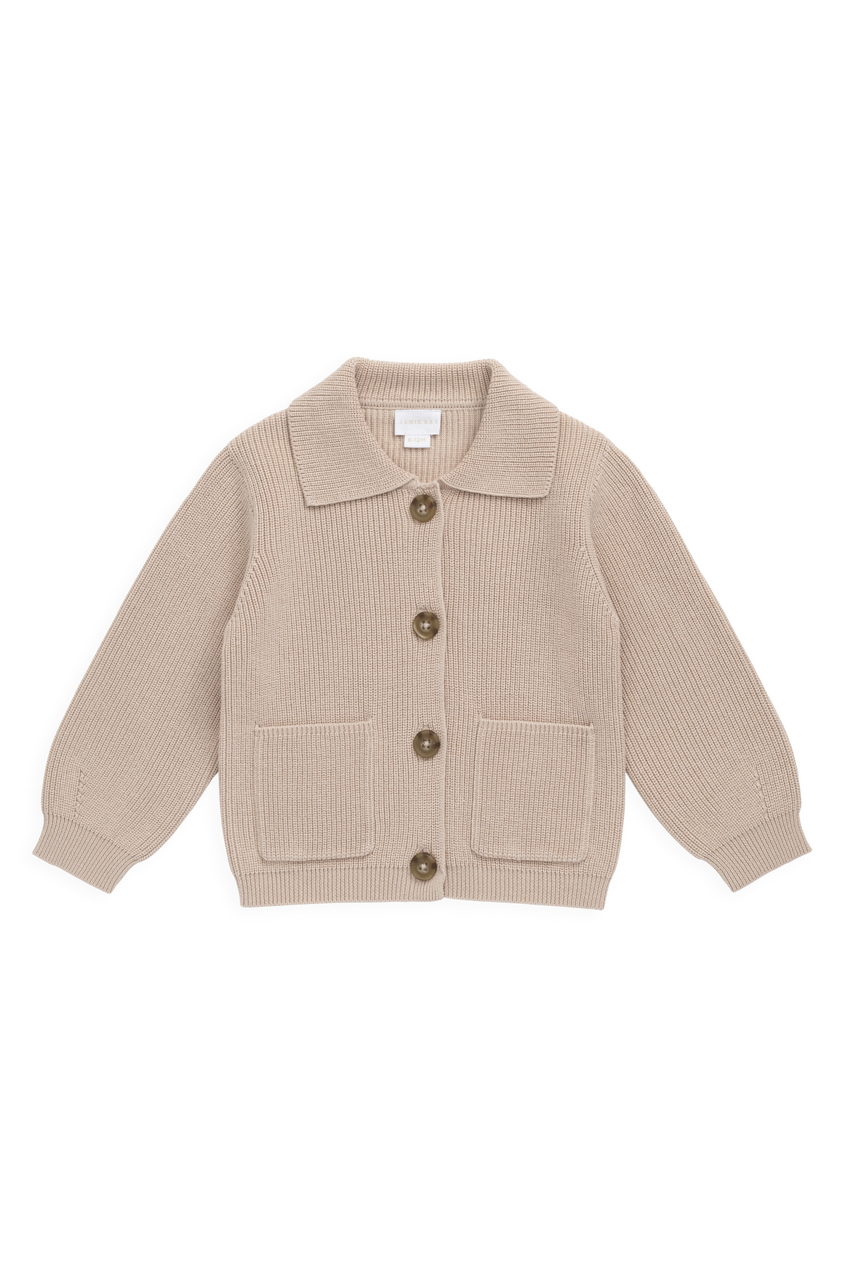 Veste en tricot de coton uni couleur sable classique avec boutonnage sur le devant, poches plaquées et poignets côtelés pour enfants (couche de superposition)