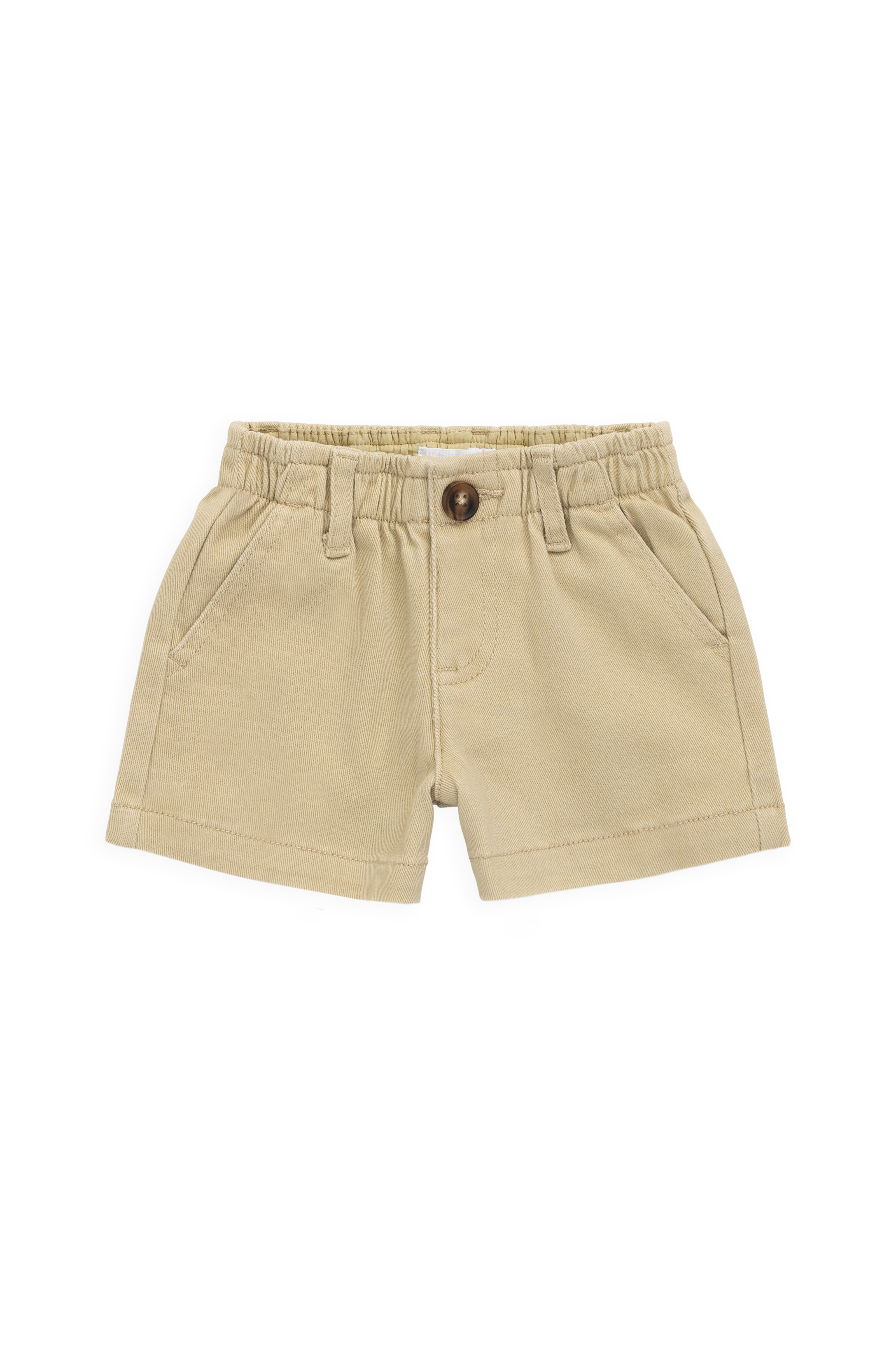 Short classique en coton élasthanne texturé neutre coloris orge, avec passants de ceinture et taille élastiquée au dos, pour les journées actives des enfants