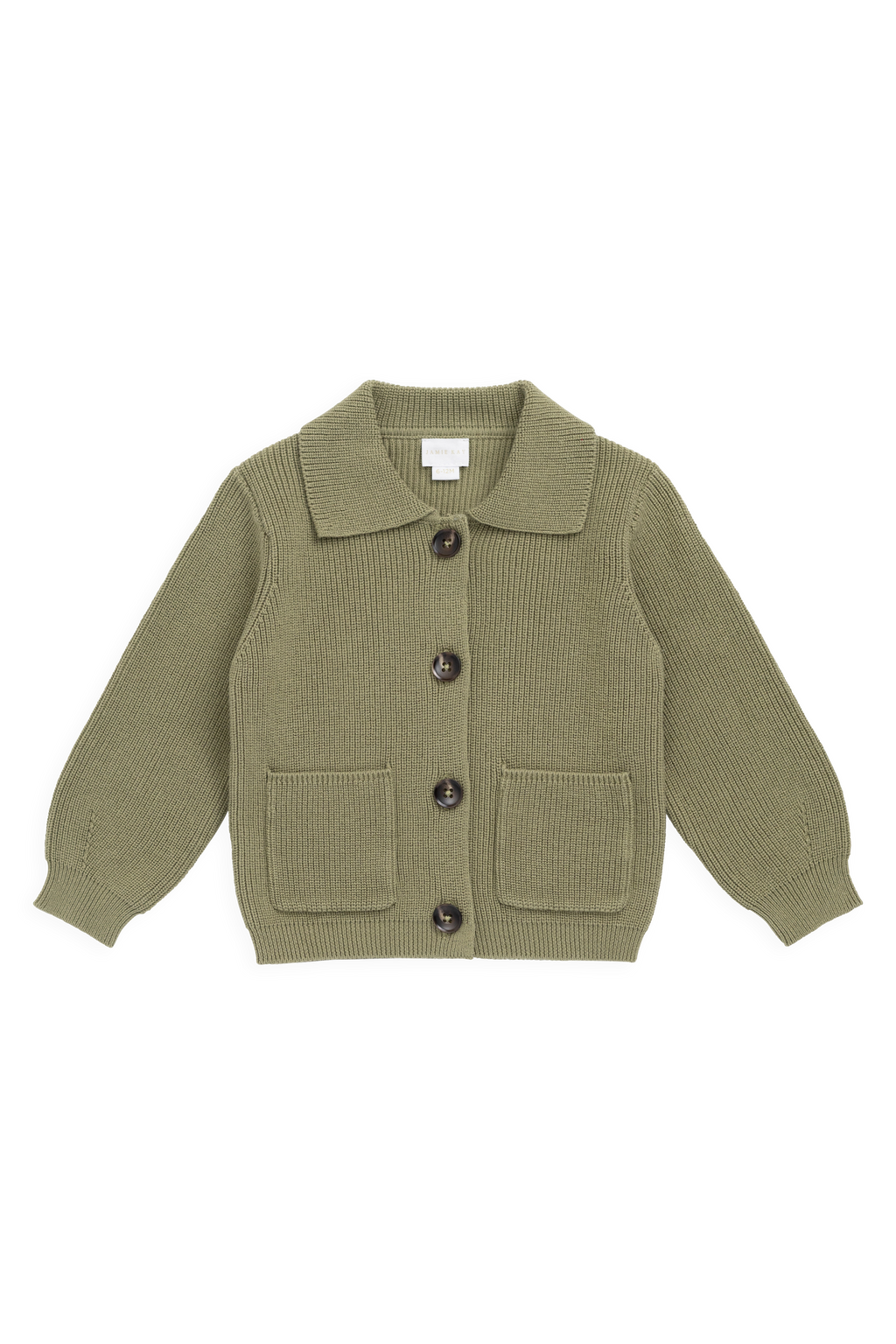 Classique = Veste en tricot de coton uni vert avec boutonnage sur le devant, poches plaquées et ourlet côtelé pour enfants
