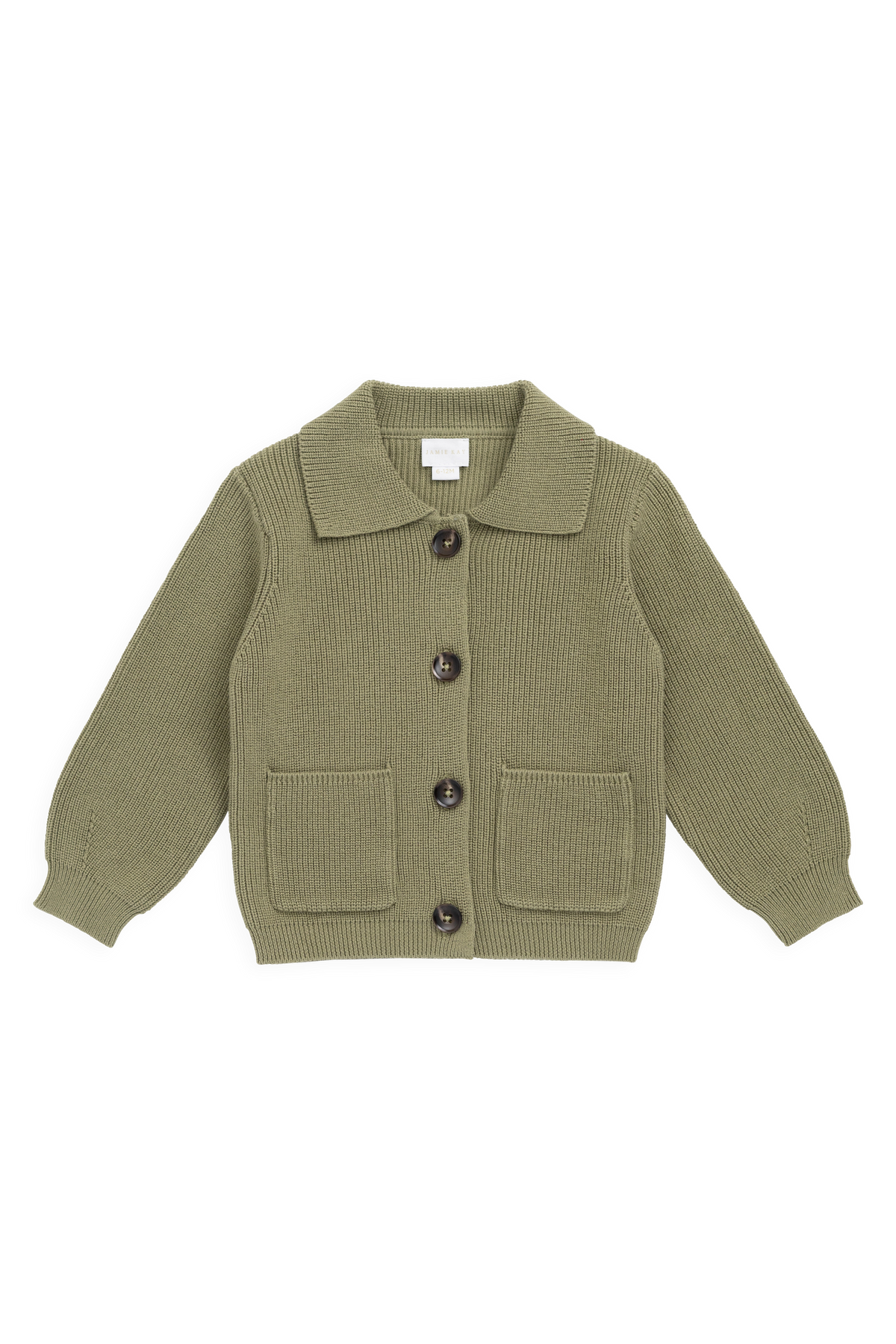 Classique = Veste en tricot de coton uni vert avec boutonnage sur le devant, poches plaquées et ourlet côtelé pour enfants