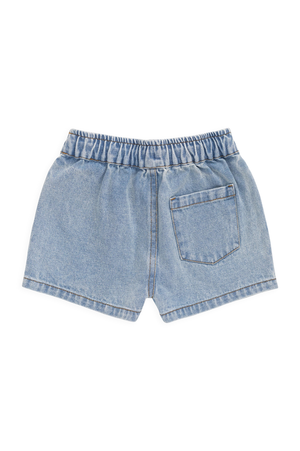 Short en jean décontracté bleu clair en coton uni avec taille élastique et surpiqûres contrastantes pour les sorties d'été des enfants