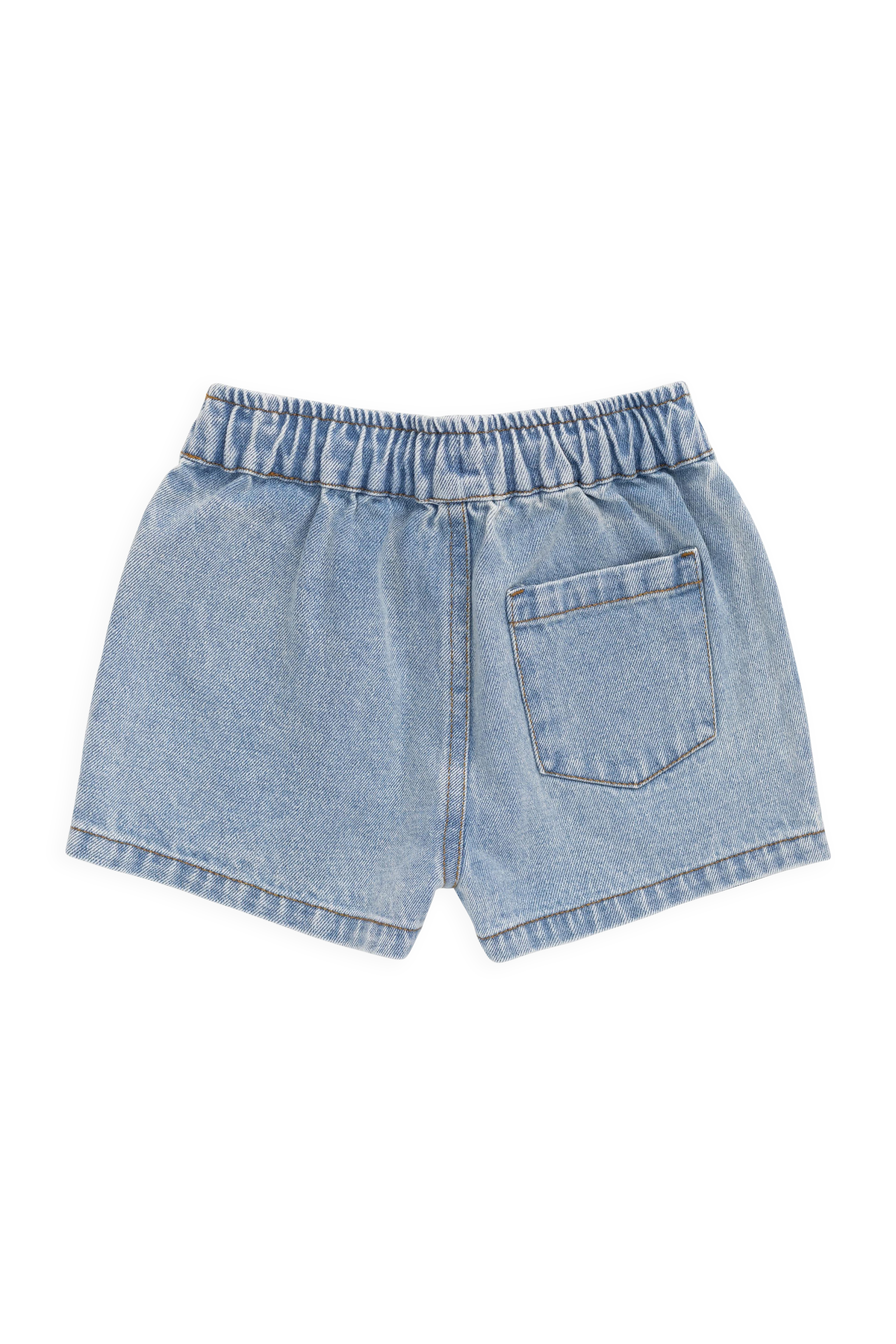 Short en jean décontracté bleu clair en coton uni avec taille élastique et surpiqûres contrastantes pour les sorties d'été des enfants