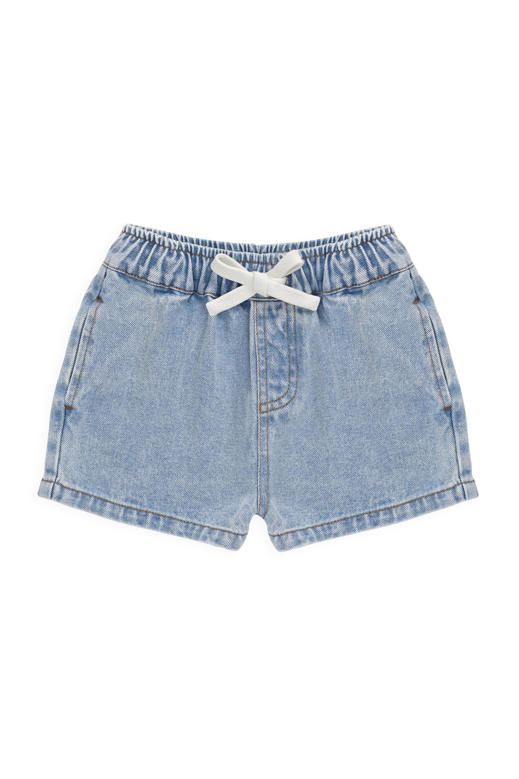 Short en jean décontracté bleu clair en coton uni avec taille élastique et surpiqûres contrastantes pour les sorties d'été des enfants