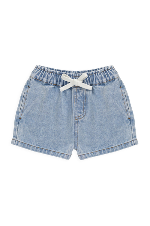 Short en jean décontracté bleu clair en coton uni avec taille élastique et surpiqûres contrastantes pour les sorties d'été des enfants