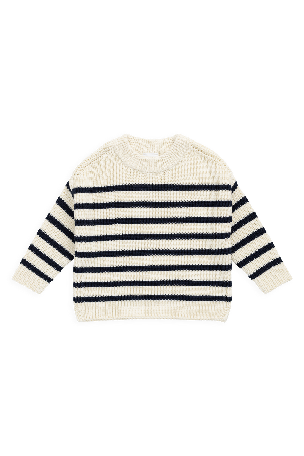 Pull en maille de coton rayé crème et marine décontracté avec texture côtelée et encolure ras-du-cou pour enfants, idéal pour les journées fraîches.