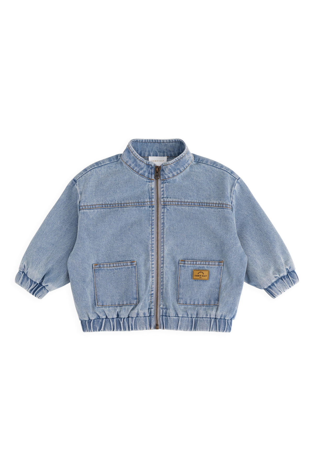Veste décontractée en jean de coton bleu clair uni pour enfant, avec fermeture éclair, col montant et poches plaquées, idéale pour les intersaisons