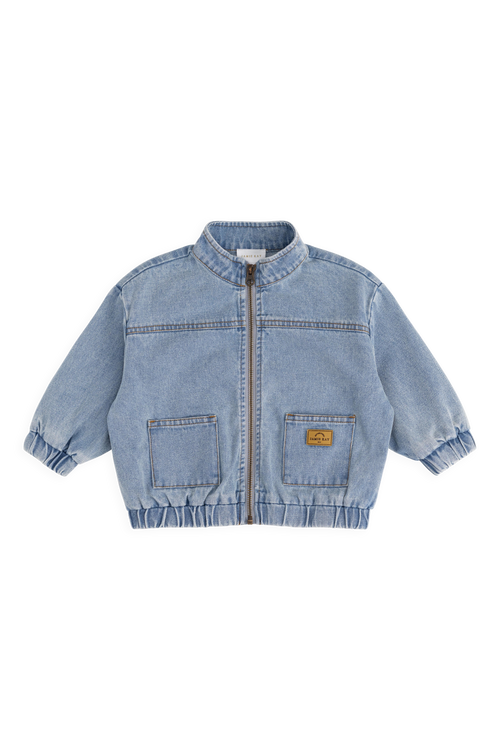 Veste décontractée en jean de coton bleu clair uni pour enfant, avec fermeture éclair, col montant et poches plaquées, idéale pour les intersaisons