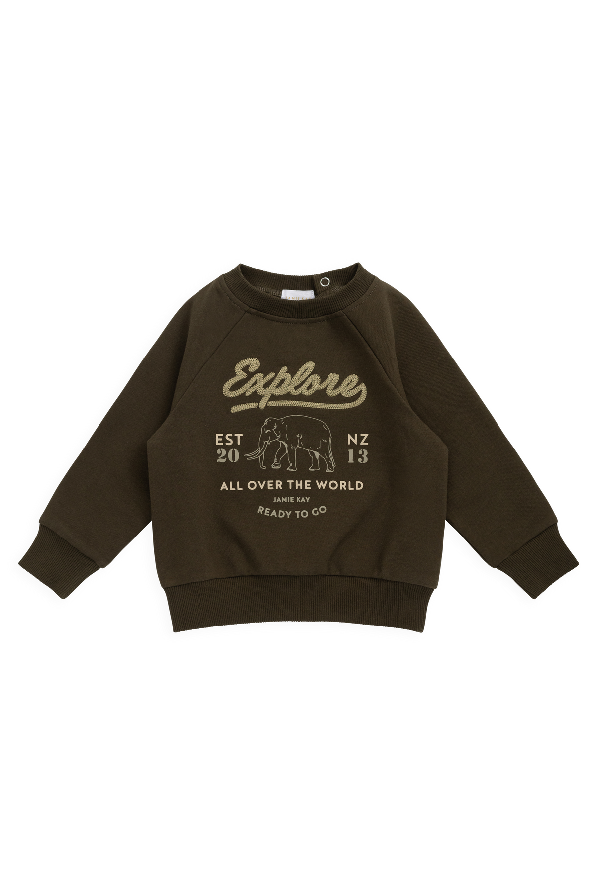 Sweat-shirt en coton biologique avec poignets côtelés et encolure boutonnée pour enfants « Aventure Profonde Olive Éléphant Explore » – idéal pour les jeux en plein air