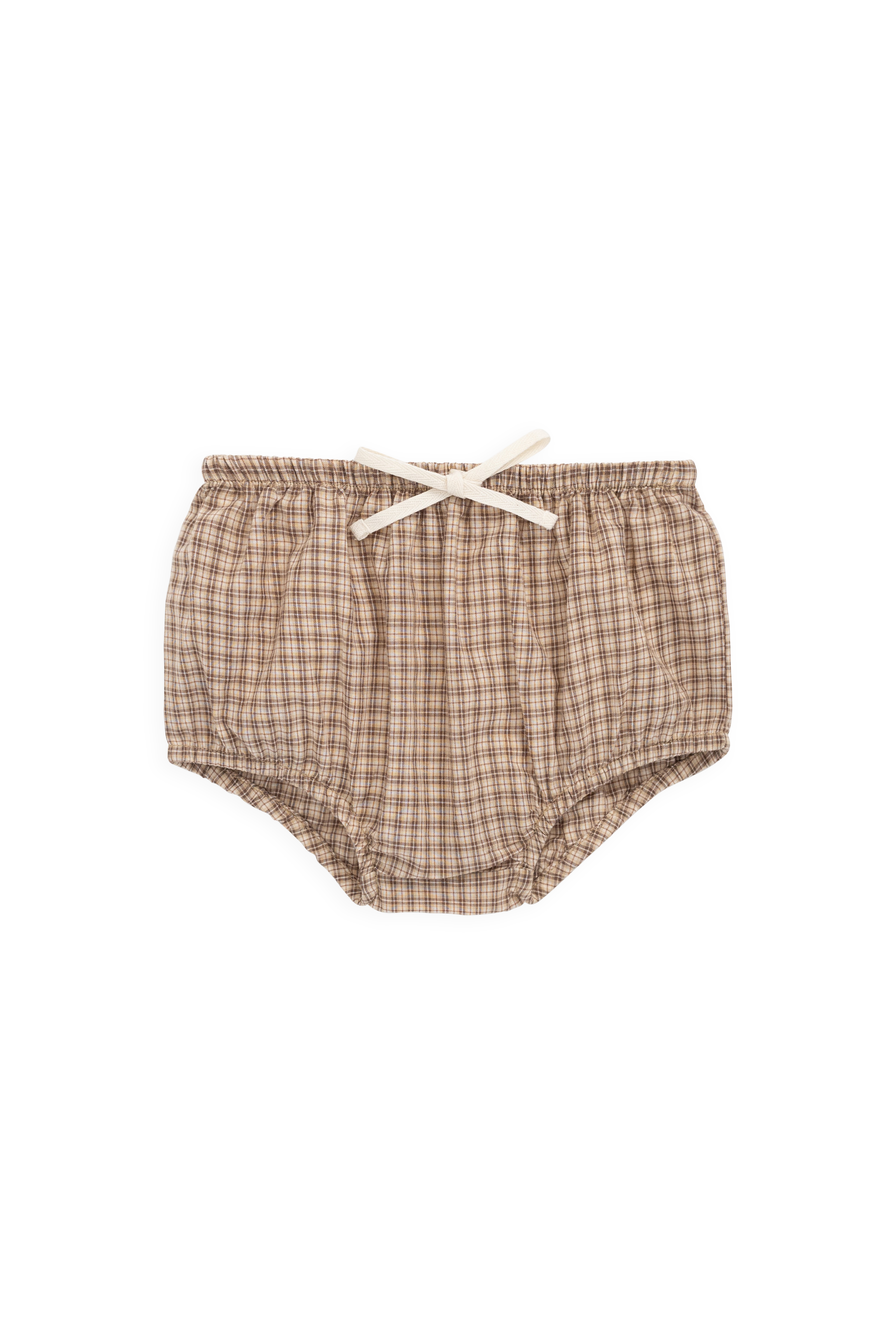 Bloomer en coton biologique à carreaux marron cacao vintage avec taille et ouvertures de jambe élastiquées pour le confort quotidien de bébé