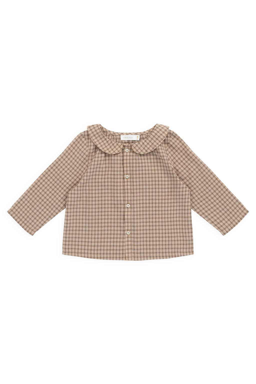 Haut à carreaux marron cacao vintage en coton biologique avec col Peter Pan et fermeture boutonnée sur le devant pour les enfants Style décontracté