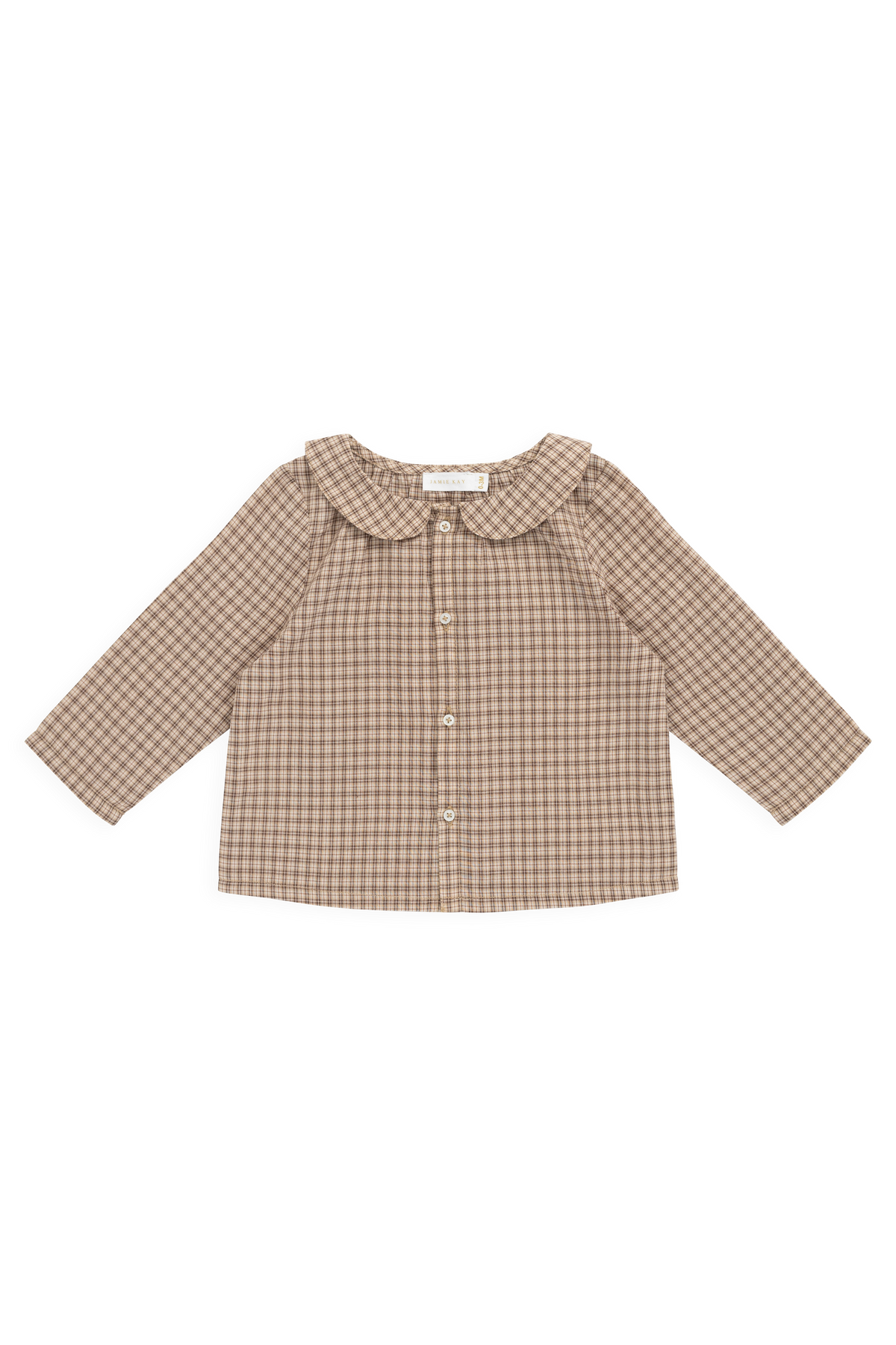 Haut à carreaux marron cacao vintage en coton biologique avec col Peter Pan et fermeture boutonnée sur le devant pour les enfants Style décontracté