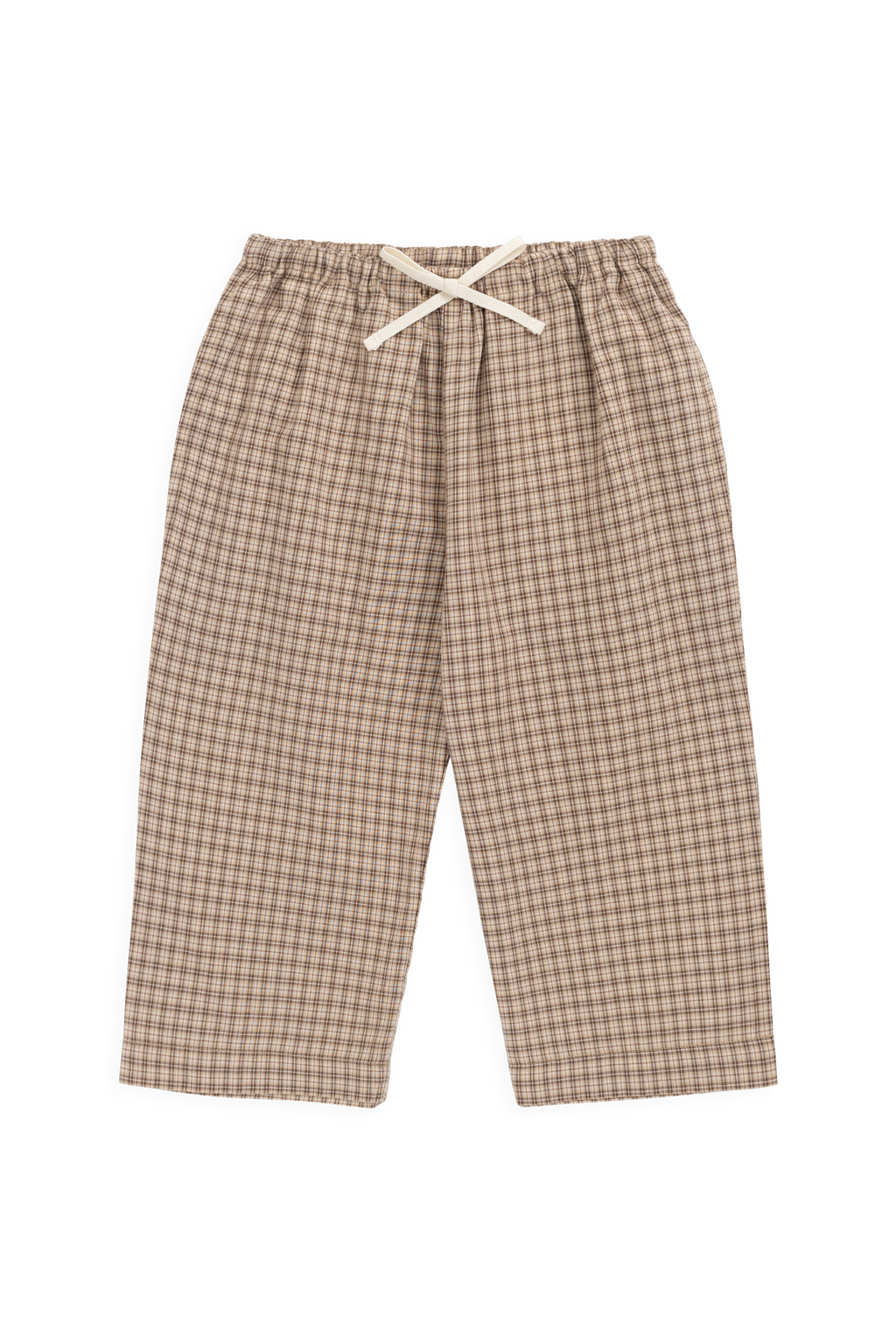 Pantalon large en coton biologique à carreaux marron cacao décontracté avec taille élastiquée et cordon décoratif à la taille pour le quotidien des enfants