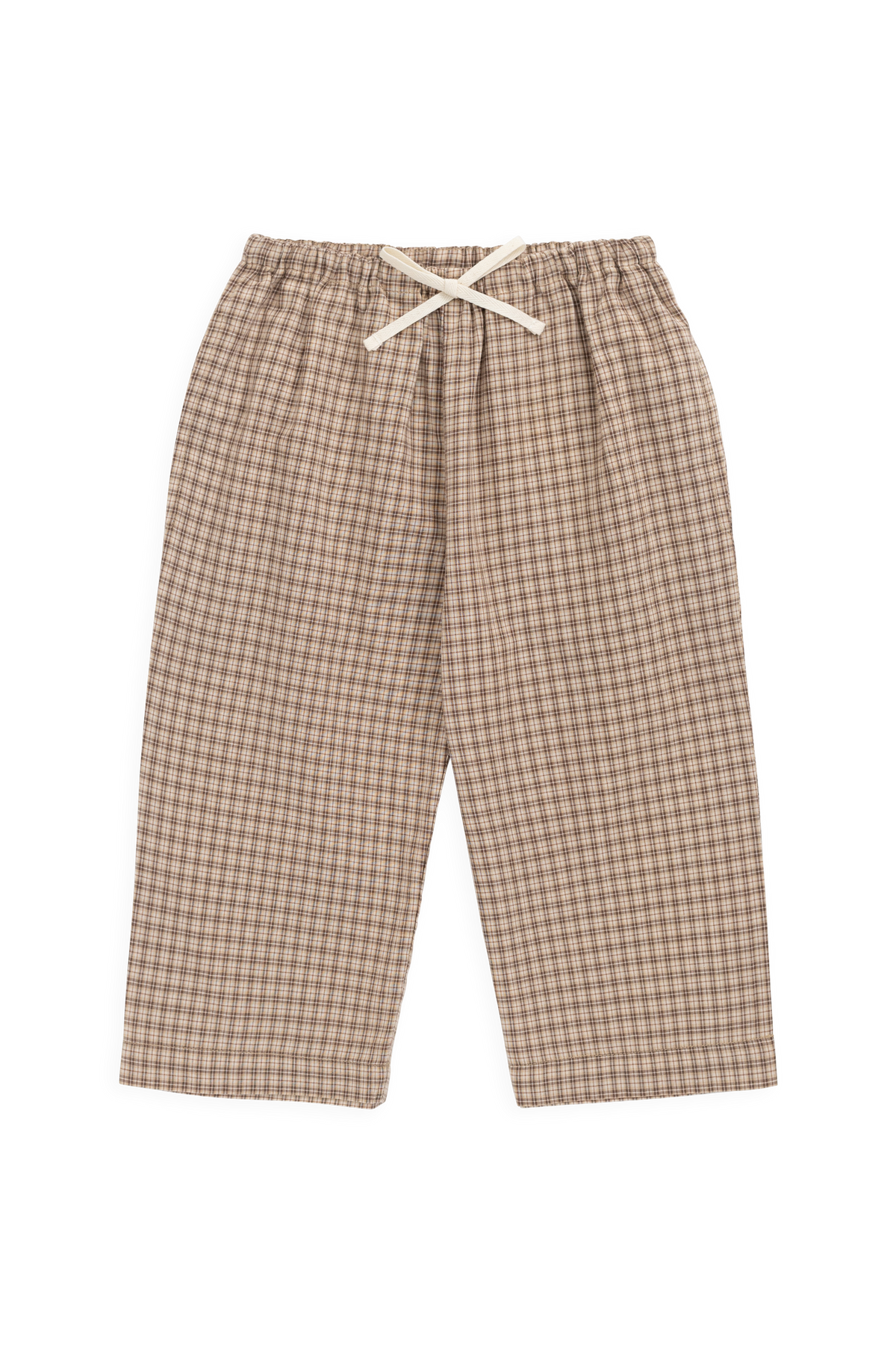 Pantalon large en coton biologique à carreaux marron cacao décontracté avec taille élastiquée et cordon décoratif à la taille pour le quotidien des enfants
