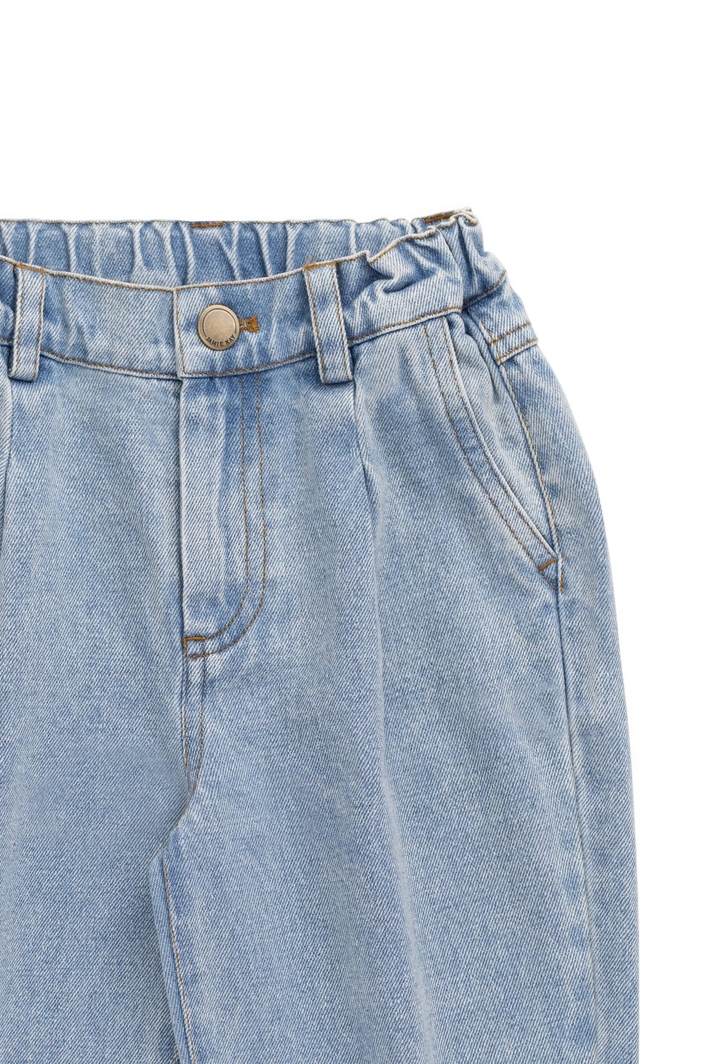 Pantalon en jean de coton bleu clair décontracté, coupe droite, avec plis sur le devant et taille élastiquée à l'arrière pour les sorties décontractées des enfants
