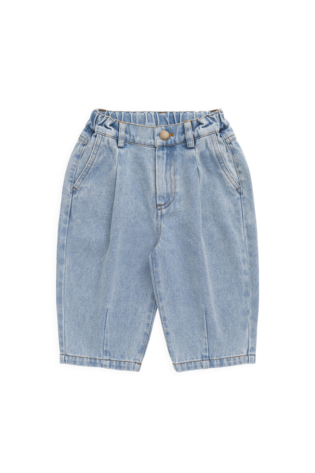 Pantalon en jean de coton bleu clair décontracté, coupe droite, avec plis sur le devant et taille élastiquée à l'arrière pour les sorties décontractées des enfants