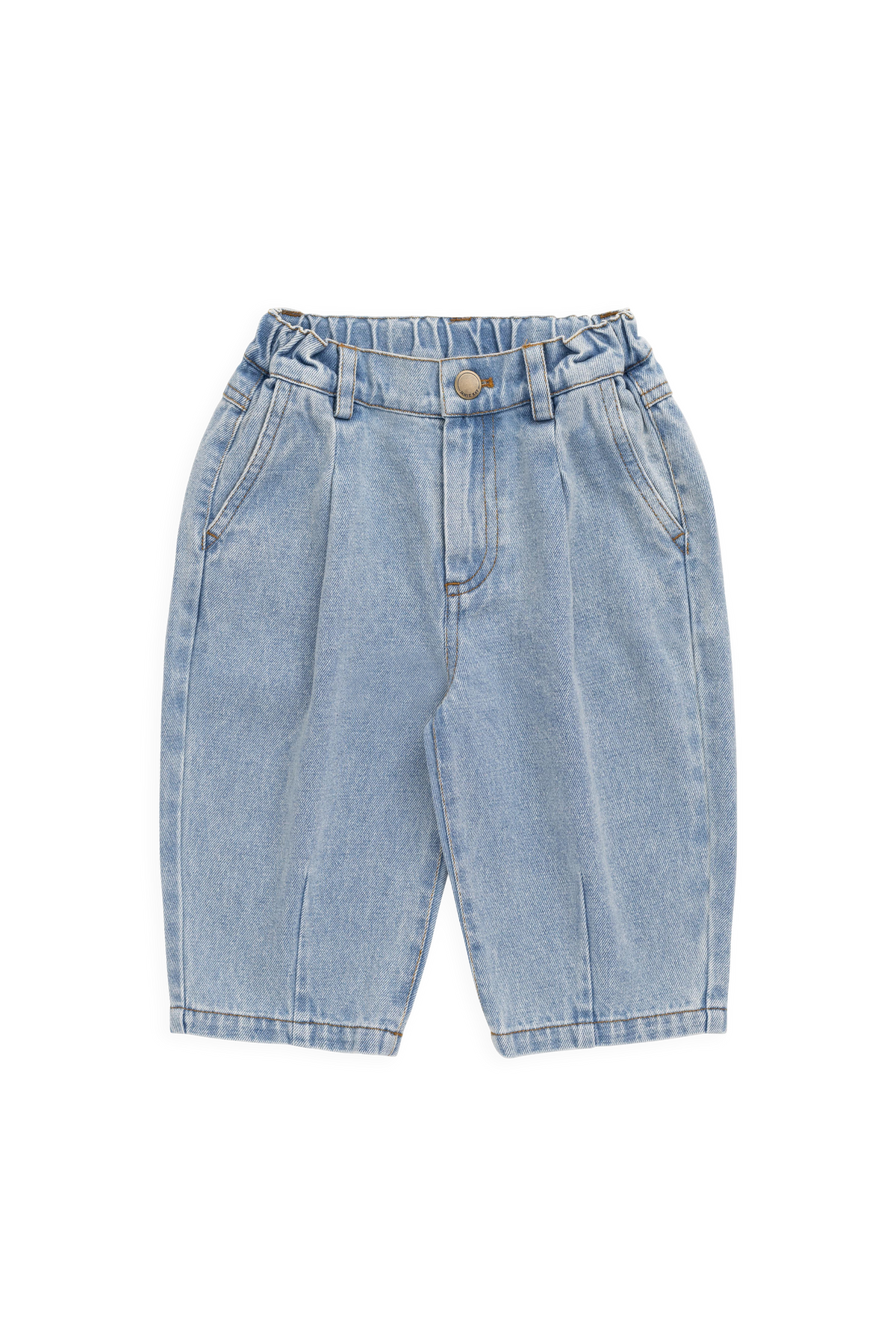 Pantalon en jean de coton bleu clair décontracté, coupe droite, avec plis sur le devant et taille élastiquée à l'arrière pour les sorties décontractées des enfants