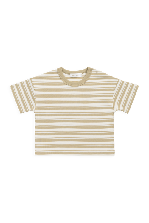 T-shirt en coton Pima décontracté pour enfants, avec rayures horizontales marron et blanches, col ras du cou et tissu infroissable pour le quotidien