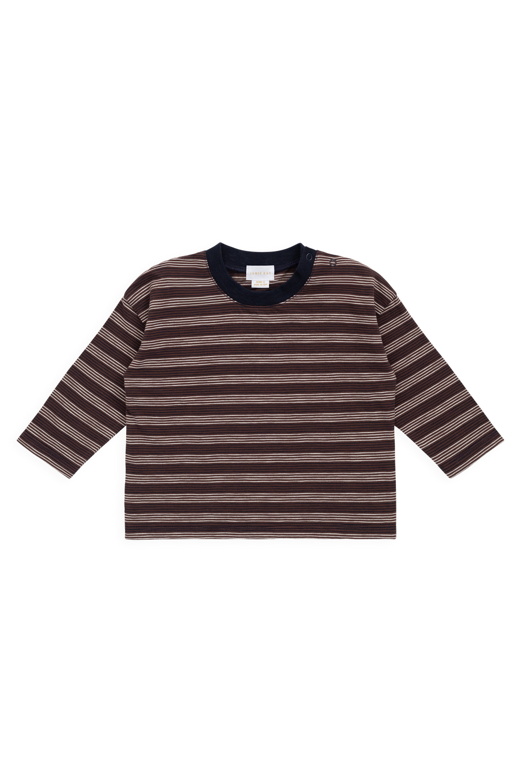 T-shirt décontracté en coton flammé à manches longues pour enfant, motif rayures multiples, finition texturée, encolure indigo, idéal pour le quotidien