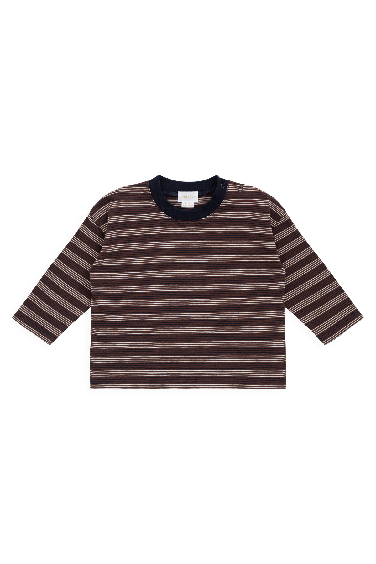 T-shirt décontracté en coton flammé à manches longues pour enfant, motif rayures multiples, finition texturée, encolure indigo, idéal pour le quotidien