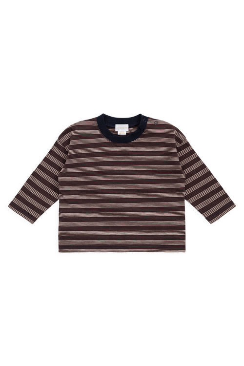 T-shirt décontracté en coton flammé à manches longues pour enfant, motif rayures multiples, finition texturée, encolure indigo, idéal pour le quotidien